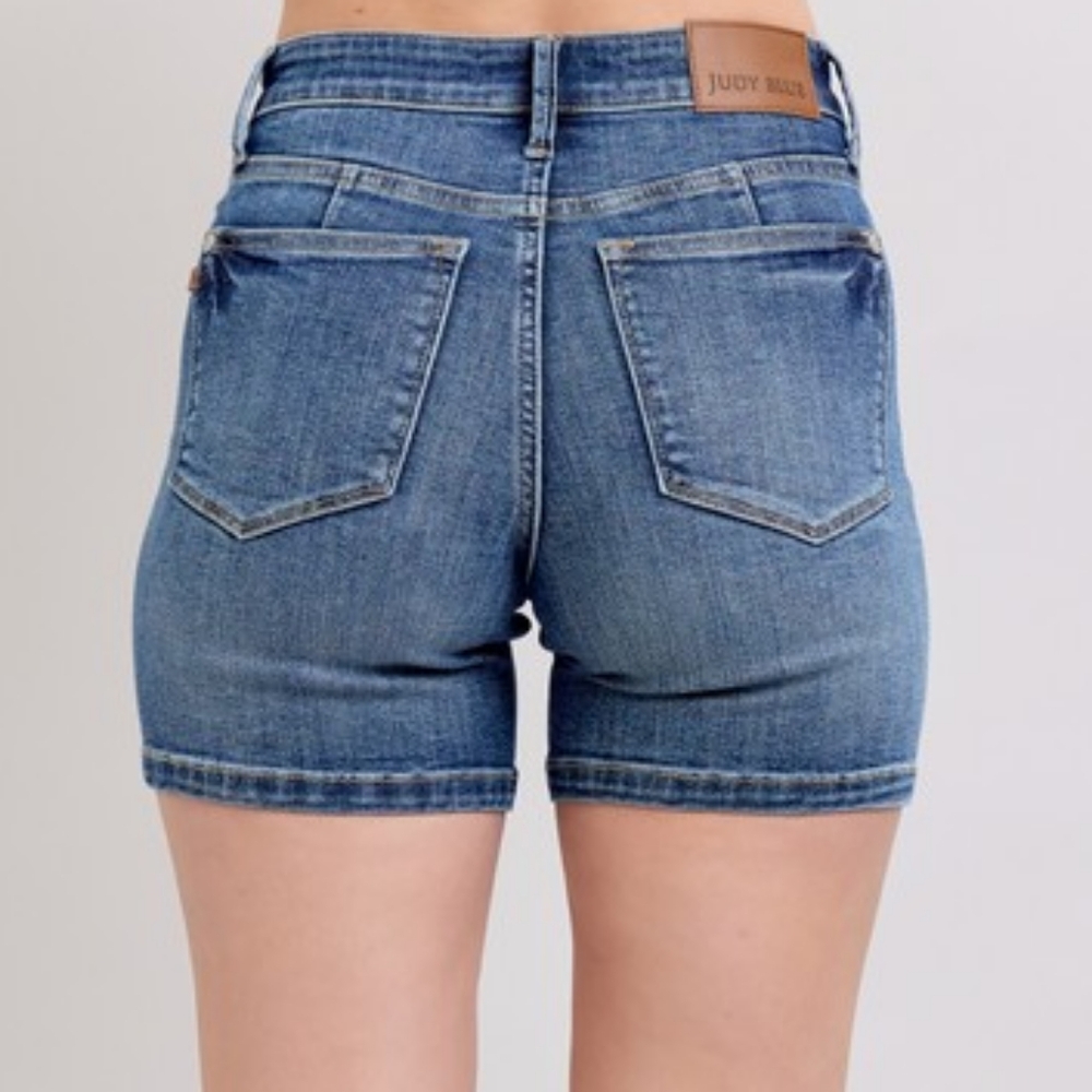 Judy Blue High Rise Waist Denim Slim Fit Classic Retro Mid-Length Jean Shorts - Picture 11 of 13